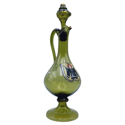 Pre-owned Bohemia Antique Enamelled Oliver Green Glass Jug, , Circa 1880/90, Hand-painted