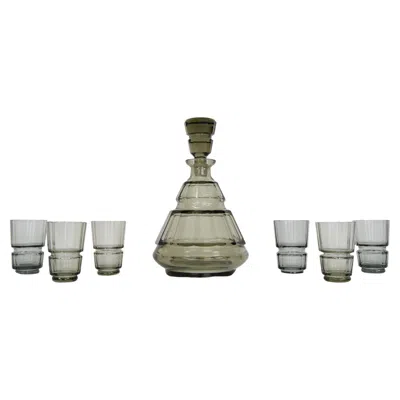 Pre-owned Bohemia Art Deco Glass Carafe With Six Glasses, , 1930's In Gray