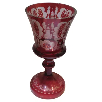 Pre-owned Bohemia Extremely Rare Important 19th C Etched Cranberry Red To Clear Glass Goblet Cup