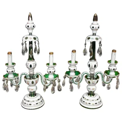 Pre-owned Bohemia Pair Of N Emerald Green Crystal And Glass Floral Table Lamps, Circa 1900