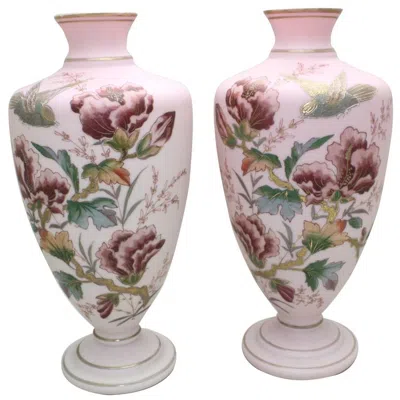 Pre-owned Bohemia Pair Of Handblown Aesthetic Movement Hand-painted Rose Pink Crystal Vases In Red