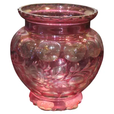 Pre-owned Bohemia Rare Heavy 19th C N Crystal Cranberry To Clear Floral Scrolled Etch Vase In Brown