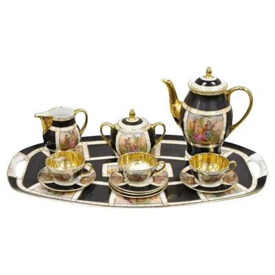 Pre-owned Bohemia Royal Vienna Style  Czecho-slovakia Black Porcelain Tea Set - 12 Pcs