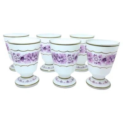 Pre-owned Bohemia Set Of Six N White Purple Colored Glass Beaker With Gold Rim, 1950s