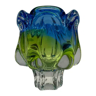 Pre-owned Bohemia N Crystal Vase By , Blue Green Yellow Art Glass, 1970s