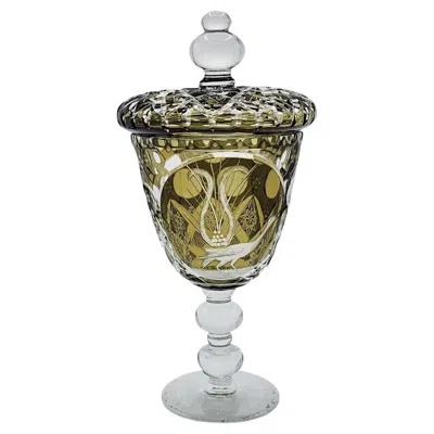 Pre-owned Bohemia N Cut Crystal Candy Box Enamelled In Green