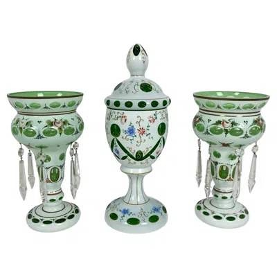 Pre-owned Bohemia N Czech Glass Pottery, Set Of 3 Green & White Decorative Objects