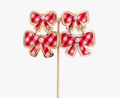 Bohemian Gemme Gingham Double Bow Stud Earrings In Red/gold