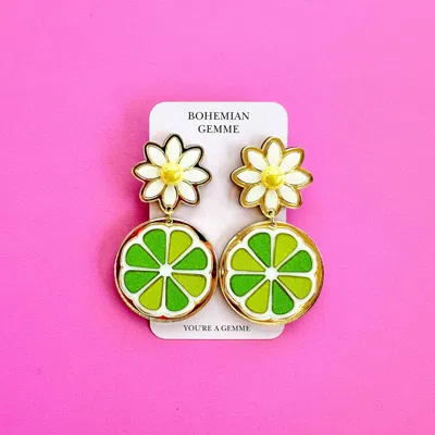 Bohemian Gemme Lime Slice Statement Earrings In Green