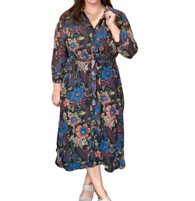 Boho Chic Fall Floral Midi Dress In Black Multi