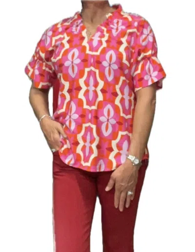 Boho Chic Women's V-neck Short Sleeve Ruffle Top In Pink In Multi