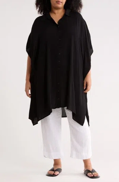 Boho Me Button Front Sharkbite Hem Cover-up Tunic In Black