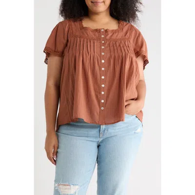 Boho Me Crochet Inset Square Neck Top In Brown