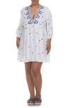 Boho Me Embroidered 3/4 Sleeve Coverup In White W/navy