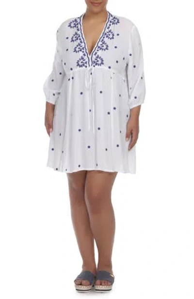 Boho Me Embroidered 3/4 Sleeve Coverup In White W/navy