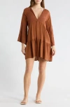 Boho Me Eyelet Bell Sleeve Tunic In Brown