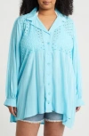 Boho Me Eyelet Button-up Shirt In Aqua