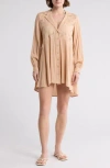 Boho Me Eyelet Long Sleeve Button-down Swim Cover-up In Sand