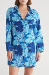 Boho Me Floral Print Button-up Cover-up Shirt In Blue Patch