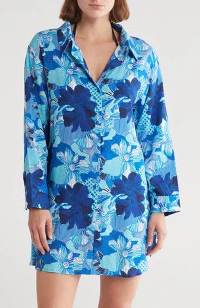 Boho Me Floral Print Button-up Cover-up Shirt In Blue Patch