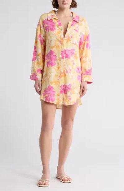 Boho Me Floral Print Button-up Cover-up Shirt In Patch Mango