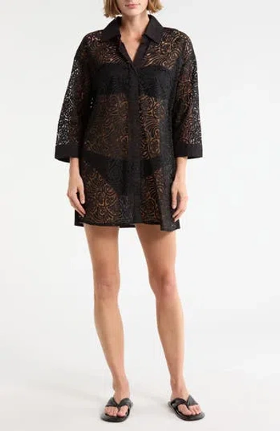 Boho Me Lace Front Cover-up Shirt In Black