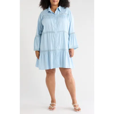 Boho Me Lace Inset Long Sleeve Cover-up Shirtdress In Blue