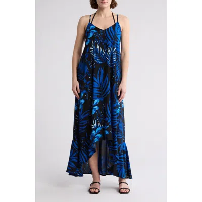 Boho Me Leaf Printed Hi-lo Flounce Hem Dress In Blue