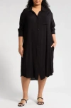 Boho Me Long Sleeve Button-up Shirtdress In Black