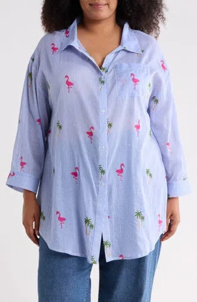 Boho Me Long Sleeve Button-up Tunic Shirt In Blue