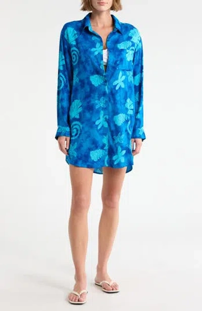 Boho Me Long Sleeve Cover-up Button-up Shirt In Blue