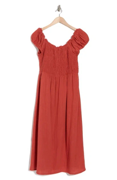 Boho Me Off The Shoulder Cotton Smocked Midi Dress In Rust Spice