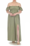 Boho Me Off The Shoulder Flutter Sleeve Smocked Maxi Dress In Olive