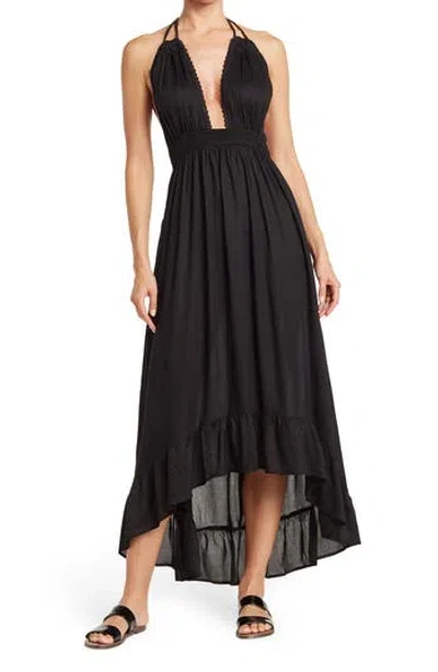 Boho Me Open Back Plunge Neck Ombré Halter Dress In Black