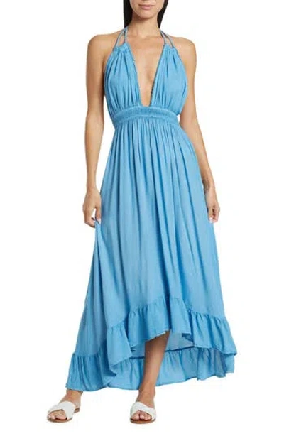 Boho Me Open Back Plunge Neck Ombré Halter Dress In Blue