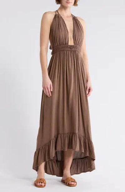 Boho Me Open Back Plunge Neck Ombré Halter Dress In Cappachino