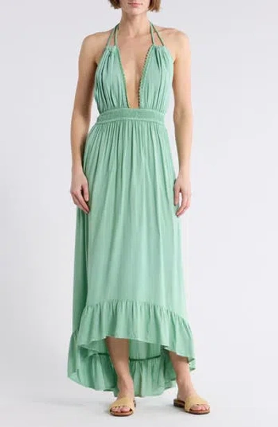 Boho Me Open Back Plunge Neck Ombré Halter Dress In Green