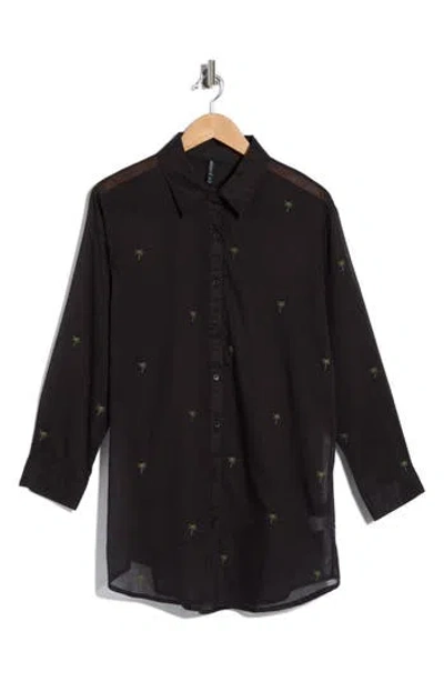 Boho Me Palm Tree Embroidered Cotton Shirt Cover-up In Black