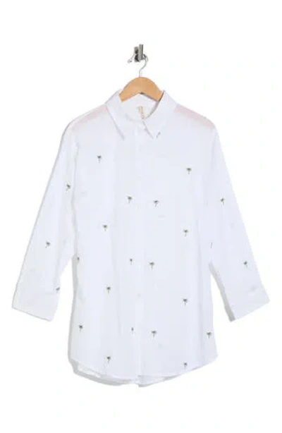 Boho Me Palm Tree Embroidered Cotton Shirt Cover-up In White