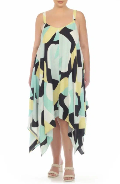 Boho Me Print Handkerchief Hem Maxi Dress In Aqua/ Yellow