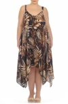 Boho Me Print Handkerchief Hem Maxi Dress In Black/tan