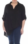 Boho Me Roll Sleeve Button-up Tunic Shirt In Black