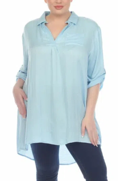Boho Me Roll Sleeve Button-up Tunic Shirt In Blue