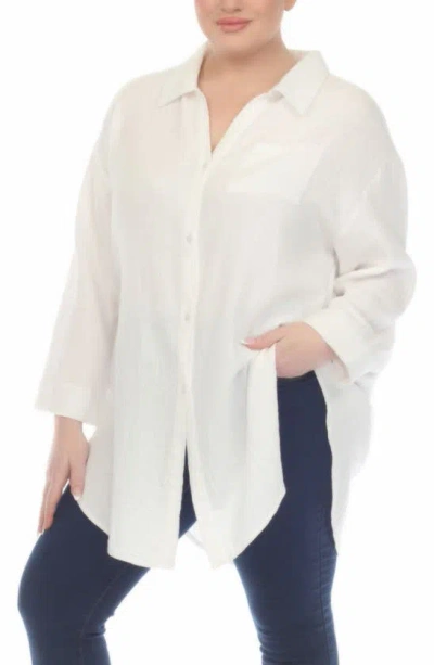Boho Me Roll Sleeve Button-up Tunic Shirt In White