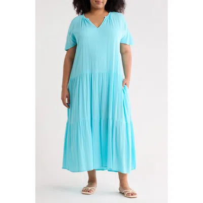 Boho Me Short Sleeve Tiered Maxi Dress In Aqua