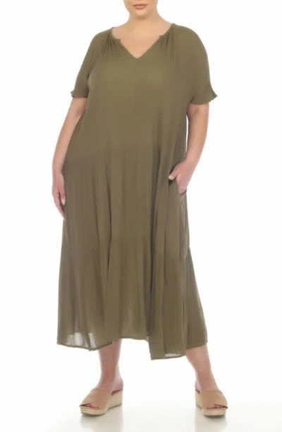 Boho Me Short Sleeve Tiered Maxi Dress In Olive Burnt ModeSens