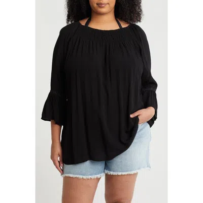 Boho Me Smocked Bell Sleeve Blouse In Black
