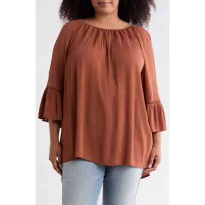 Boho Me Smocked Bell Sleeve Blouse In Brown