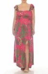 Boho Me Smocked Flutter Sleeve Maxi Dress In Hot Pink / Green