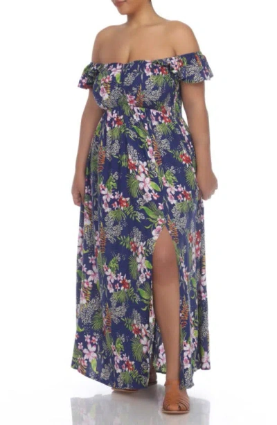 Boho Me Smocked Flutter Sleeve Maxi Dress In Navy Print